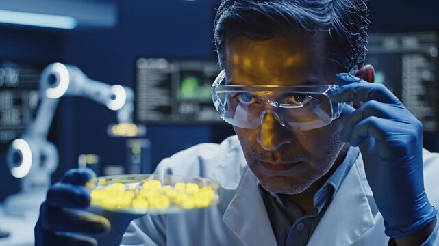 Laboratory scientist examines glowing petri dish samples. Researcher analyzes microbial growth in innovative laboratory environment. Science experiment captures attention with vibrant colors.