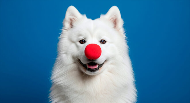 Fluffy white Samoyed dog wearing a red clown nose against a vibrant blue background