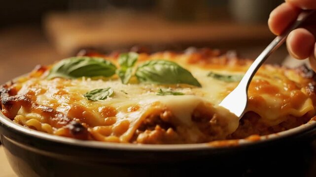 Delicious Lasagna Being Served with Fork.