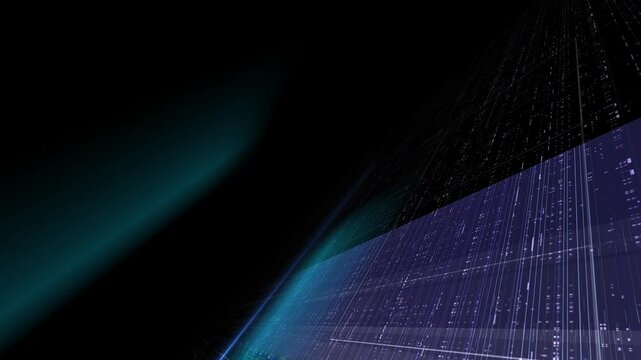 A futuristic digital background featuring flowing neon grid lines and glowing data particles. Perfect for sci-fi projects, tech presentations, or high-tech motion design, etc.  Video in loop.