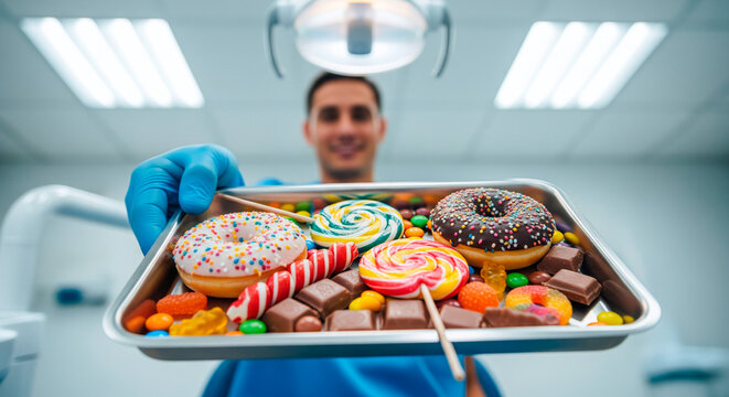 Dentist holding a tray full of colorful candies, donuts, and chocolates in a clinic