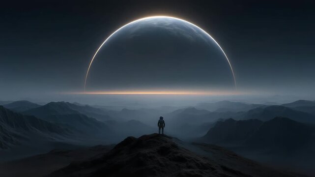 Surreal sci-fi illustration of single astronaut facing luminous sphere in deep space, dark rocky foreground with subtle particle texture, glowing planet suspended above horizon