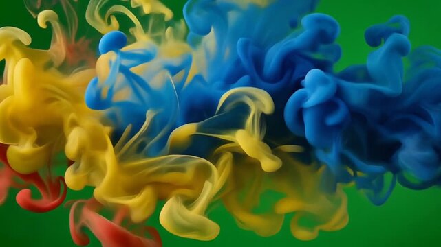 Vibrant abstract swirls of yellow, blue, and red ink dissolving in water, creating a colorful and dynamic fluid art background