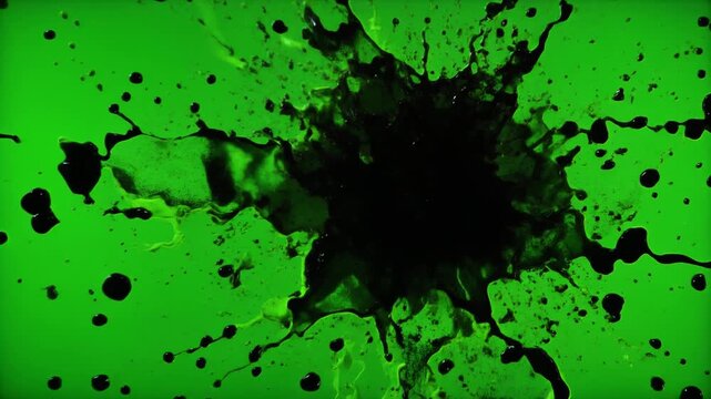 Dynamic eruption of dark liquid against a vivid green backdrop, creating an abstract splash of intense color and chaotic energy