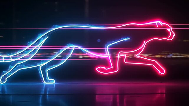 Abstract neon cheetah silhouette running with vibrant blue and pink glowing lines against a dark, futuristic background with motion blur.