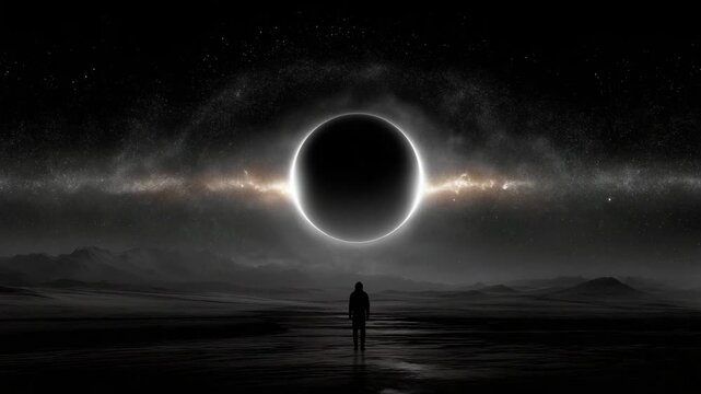 Minimalist black and white cosmic scene with lone astronaut standing on barren alien surface, glowing circular planet hovering in dark sky, tiny star particles scattered across spa 4K