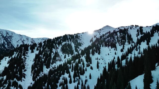 Aerial view of mountain valley with snow
