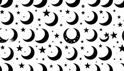 Cosmic Pattern of Crescent Moons and Stars Against White