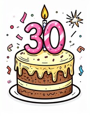 Cartoon birthday cake with number 30 candle. Illustration for birthday or anniversary celebration