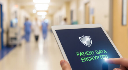 Doctor using tablet in hospital to display patient data encryption notice showing security measures for patient information