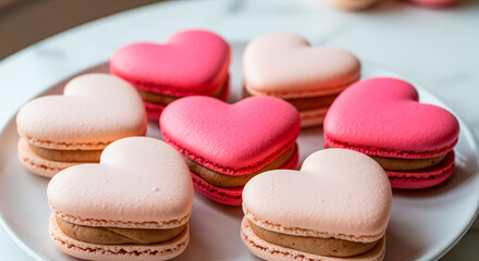 Obraz premium Sweet heart-shaped macarons in delicate pink and rose hues arranged on a white plate