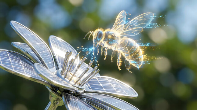 Sustainable tech concept showing a light drone bee pollinating a silver mechanical flower in a garden