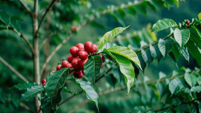 Ripe red coffee berries on a green branch with wet glossy leaves against a blurred misty mountain landscape