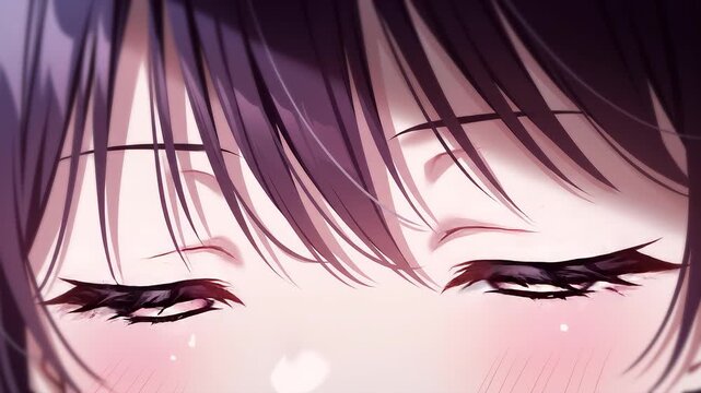 Anime girl big purple eyes getting in love pupils changing to glowing heart sign after blinking