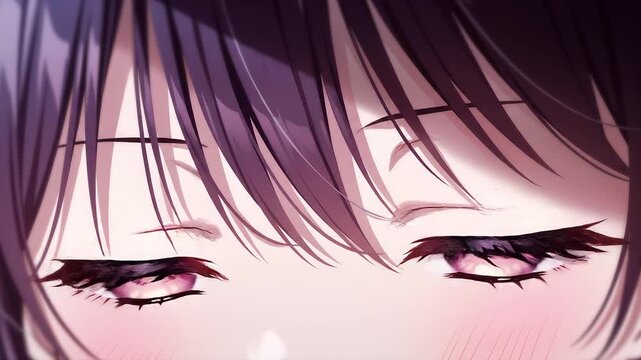 Anime girl big purple eyes get star struck pupils changing to glowing stars sign after blinking