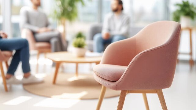 Empty soft pink armchair in modern psychotherapy office with blurred group therapy session in background. Concept of mental health support