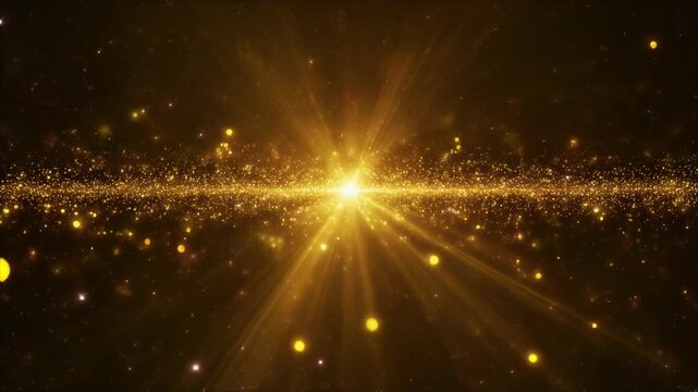 A celestial scene of gold, radiating beams. The central star shines, while particles shimmer, and stars dot the cosmic, dark space