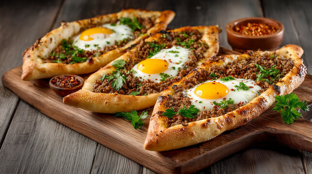 traditional turkish pide flatbread with meat and egg served on a wooden board on a light table