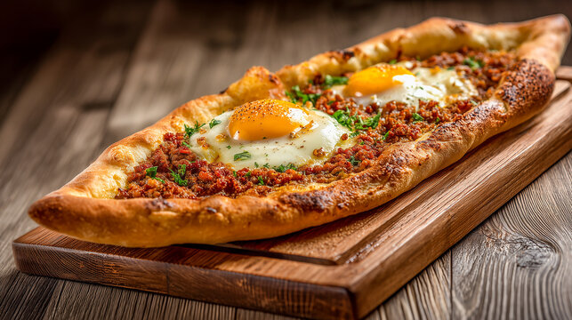 traditional turkish pide flatbread with meat and egg served on a wooden board on a light table