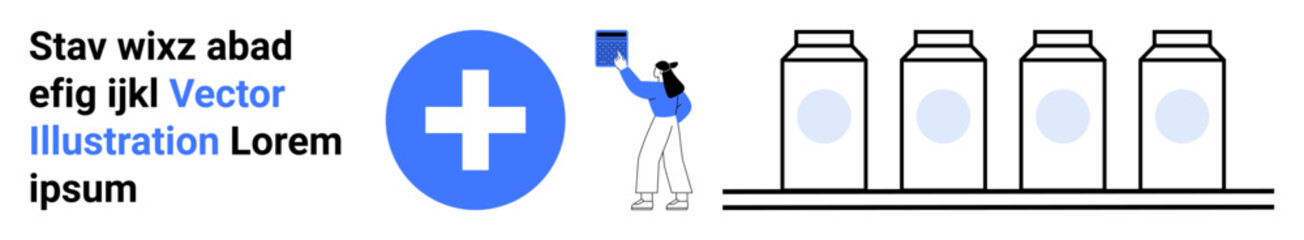 Obraz premium Healthcare, logistics, inventory management, product retail, visual communication, medical supplies. Blue cross icon, person stocking products row of packages. Healthcare and logistics concept