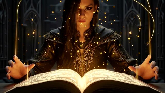 A powerful sorceress casting a spell from an ancient book, surrounded by magical glowing particles.