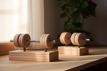 Wooden barbells on stands symbolizing exercise and wellness on a desk