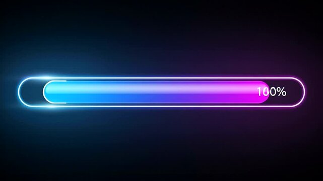 A glowing neon progress bar indicating 100% completion against a dark background.