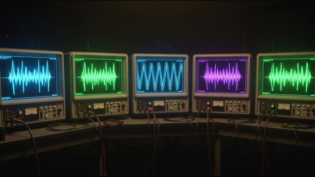 Five oscilloscopes displaying colorful waveforms in a dark room, representing sound waves and technology.