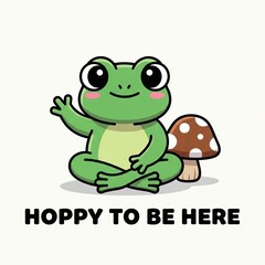 Fototapeta premium Cute friendly green cartoon frog character waving hand sitting next to mushroom in cheerful flat illustration