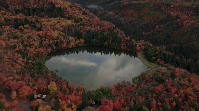 Aerial view of colorful autumn trees with hues of red and orange surrounding a still lake, a tranquil scene of nature's artistry, Payson, Utah, United States.