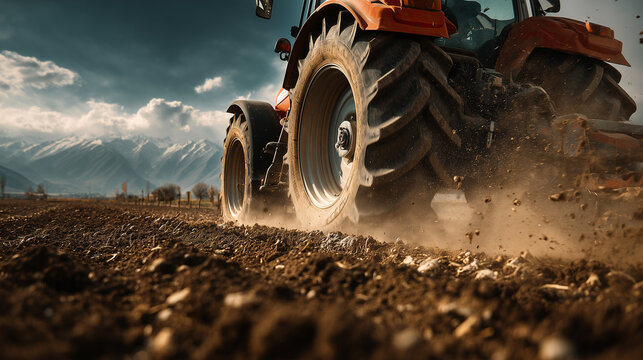 Agricultural tractor working soil in farmland field during cultivation season