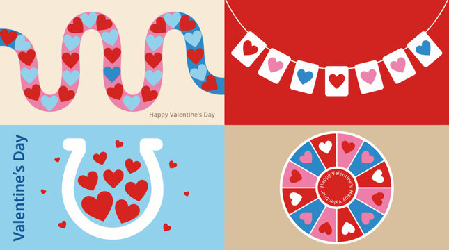 Valentine's Day themed collage with heart garland, card banner, heart-pattern ribbon, and circular heart wheel illustration