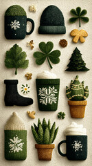 Festive symbols of St Patricks Day are arranged on a colorful background. Shamrocks, drinks, and food create a joyful scene for celebration and gathering with friends