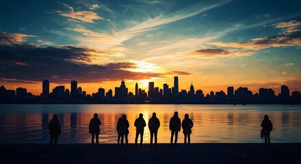 Silhouettes of people watching a vibrant city skyline sunset