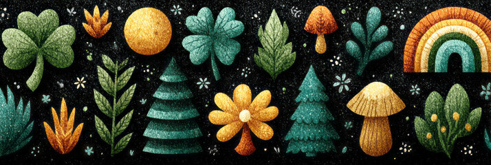 Festive symbols of St Patricks Day are arranged on a colorful background. Shamrocks, drinks, and food create a joyful scene for celebration and gathering with friends, banner