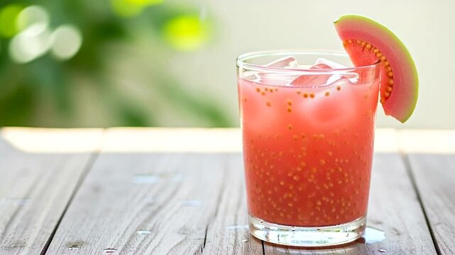 Refreshing pink guava juice with ice and a slice of guava on a wooden table, perfect for a summer day.