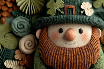 A leprechaun figure with a colorful hat smiles among vibrant flowers during St. Patricks Day. This scene brings joy and fun to the celebration with traditional symbols of the holiday