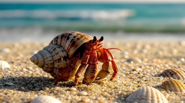 Small orange hermit crab emerges from spiral shell while walking across sunny beach sand