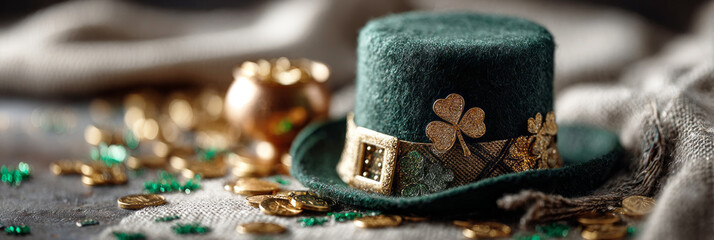 A table is covered with symbols of St. Patricks Day. A green hat decorated with gold and shamrocks rests near gold coins and festive items. This scene shows joy and celebration, banner
