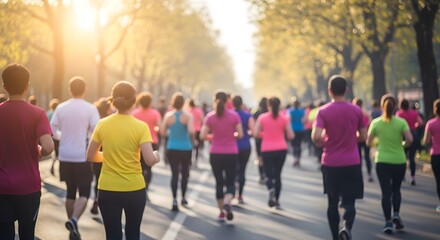 A group of people running together on a sunny day in a park