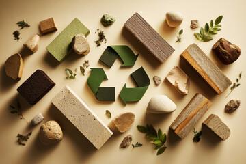 Two wooden crates hold plants and green materials in a simple display. Recycling symbols are featured on containers to promote eco-friendly practices for Earth Day