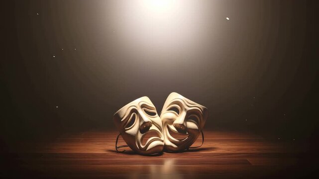 Tragic and comic theater masks on empty stage under spotlight