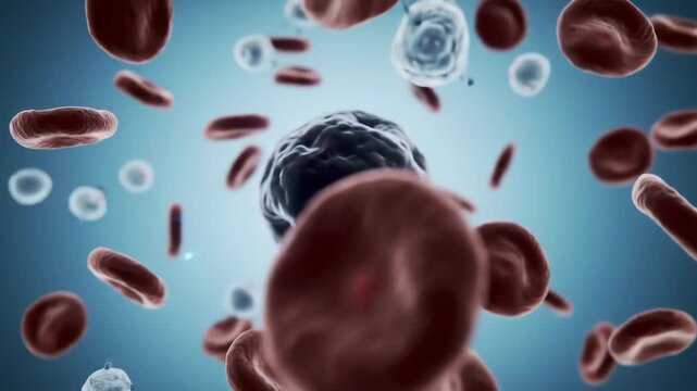 Microscopic view of red blood cells, white blood cells, and a dark pathogen or virus in body fluid