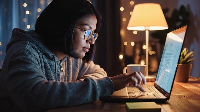 Woman student works on laptop at cozy night desk. Student types on computer with coffee nearby. Woman working late at home office. Night study with laptop and warm lamp. Cozy workspace setup.
