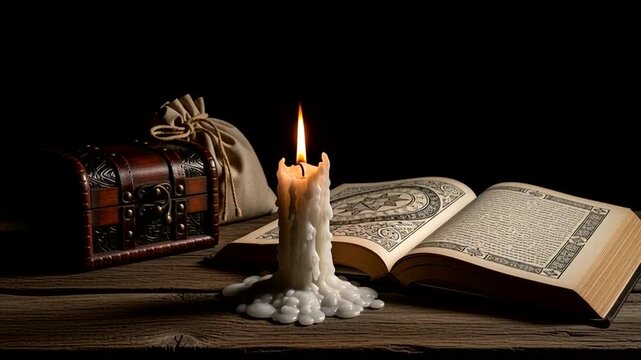 A lit candle illuminates an old wooden table with an open book, a treasure chest, and a burlap sack.