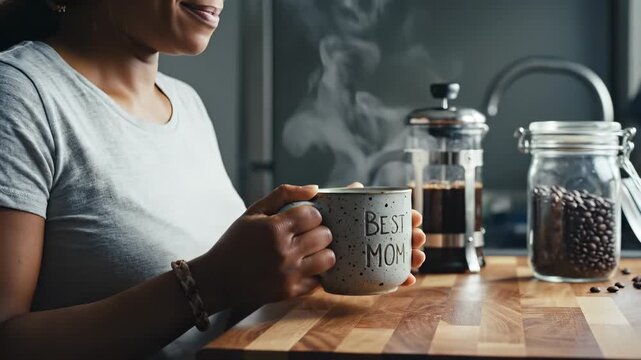 Happy woman drinks hot coffee from best mom mug. Mother holds cup with hot steam. Woman enjoys morning coffee in kitchen. Mother blows on steam from hot drink. Female loves coffee break.