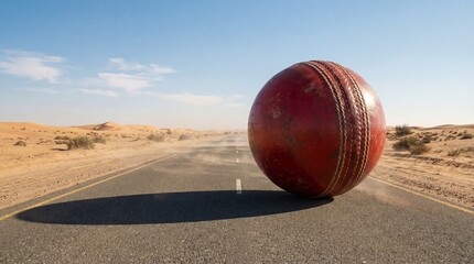 Red leather cricket ball on empty asphalt road in desert landscape under clear blue sky, low angle perspective