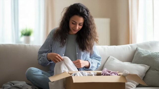 Smiling women unboxing online shopping order, online shopping, home delivery