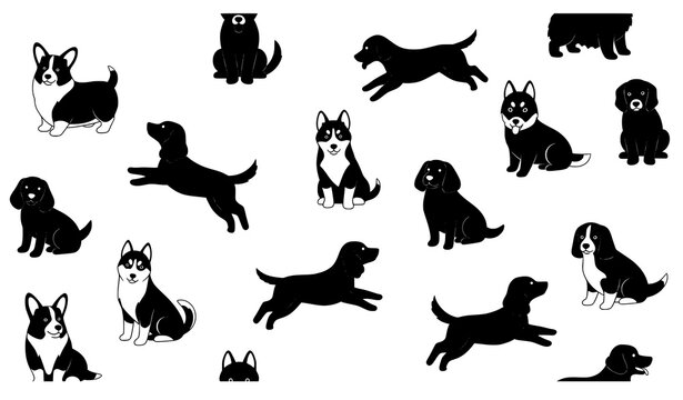 Seamless black dog silhouette pattern vector with multiple breeds and poses