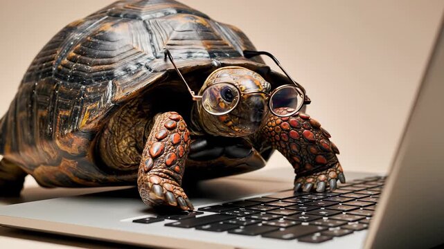 Turtle with glasses works on laptop, showcasing creativity and humor. This adorable turtle engages with technology in a playful atmosphere, blending fun and digital culture.